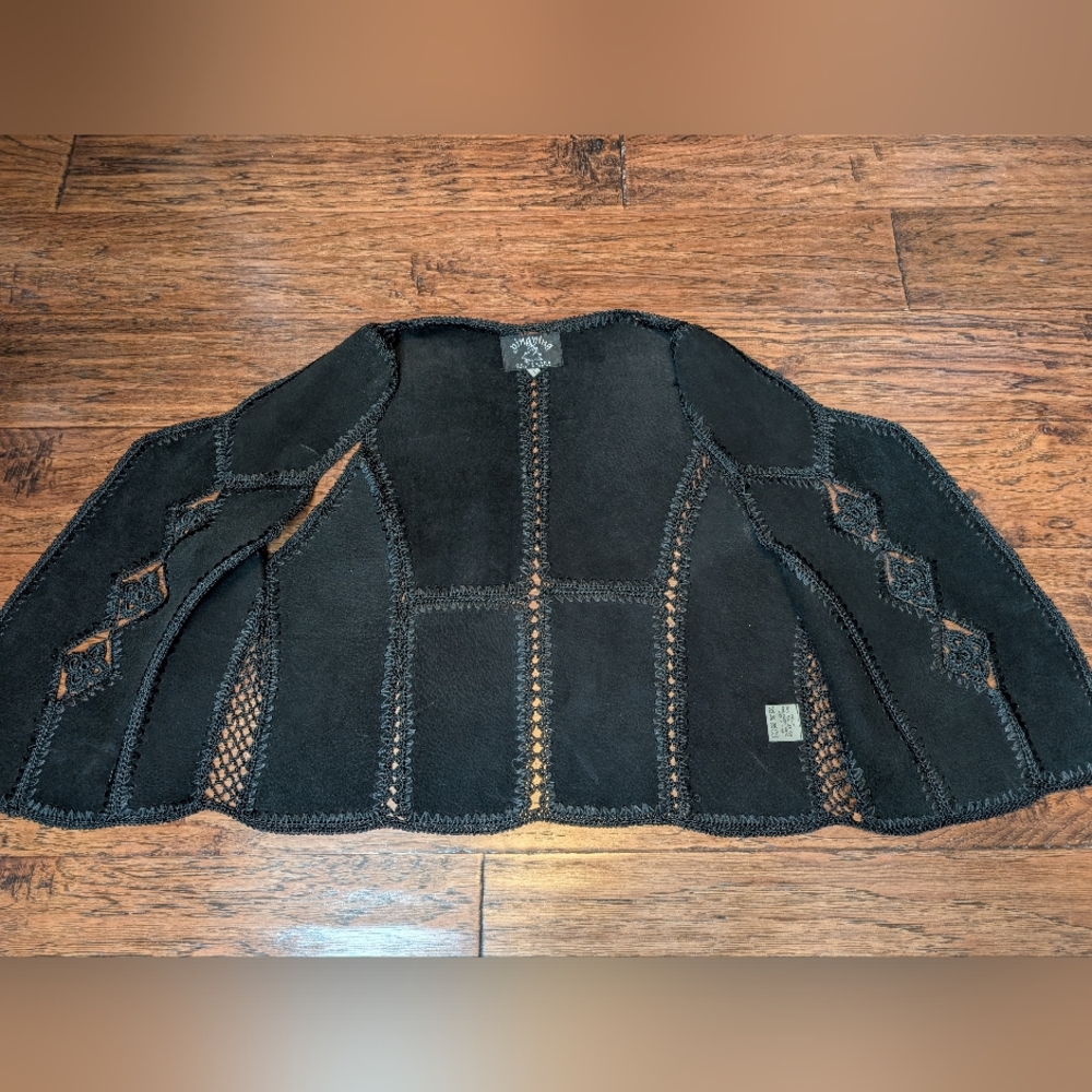 Ying Ying Of Nevada Black Leather Suede Crochet Whimsigoth Vest Size Large - Picture 6 of 10